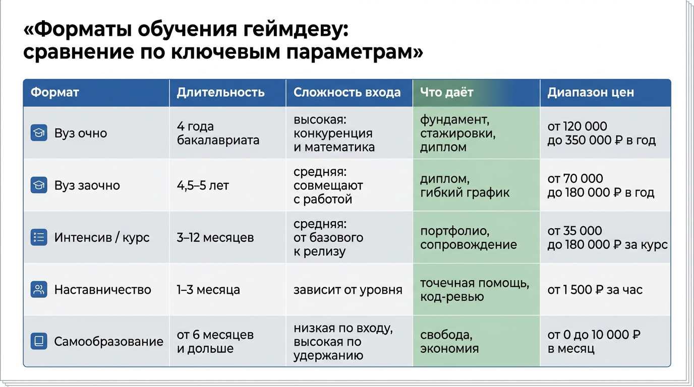 Сравнение форматов обучения геймдеву